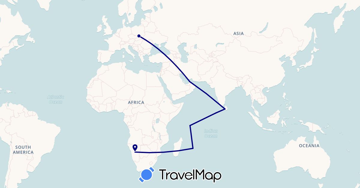 TravelMap itinerary: driving in United Arab Emirates, Sri Lanka, Mauritius, Maldives, Namibia, Poland, Seychelles (Africa, Asia, Europe)